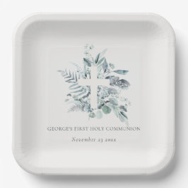 ユーカリプタス・シダの葉が最初の聖餐式を交差 ペーパープレート