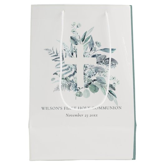 ユーカリプタス・シダの葉が最初の聖餐式を交差 ミディアムペーパーバッグ (裏面)