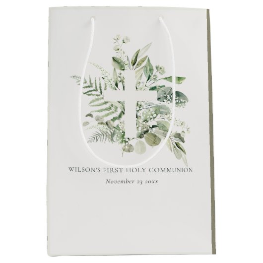 ユーカリプタス・シダの葉が最初の聖餐式を交差 ミディアムペーパーバッグ (正面)