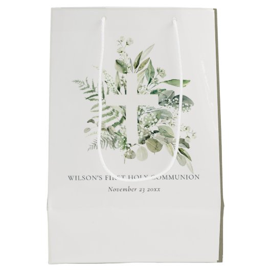 ユーカリプタス・シダの葉が最初の聖餐式を交差 ミディアムペーパーバッグ (裏面)