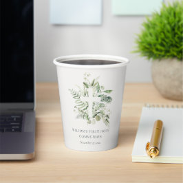 ユーカリプタス・シダの葉が最初の聖餐式を交差 紙コップ