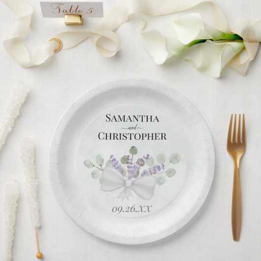 ユーカリプタス&ラベンダーブーケ水結婚色ズ ペーパープレート (ウェディング)