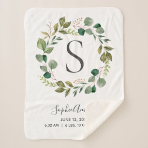 ユーカリプタス・リーフィー・リースベビー・モノグラム・誕生統計 シェルパブランケット