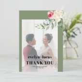 ユーカリプトゥスのピンクのバラ白い花結婚写真 サンキューカード (スタンド正面)