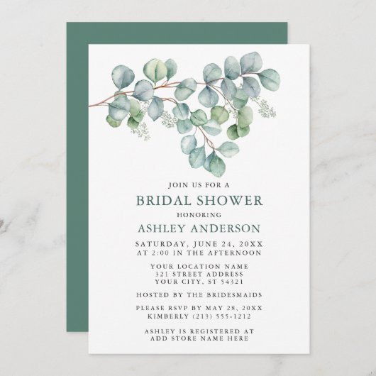 ユーカリプトゥスウォーターカラーグリーンリーブライダルシャワー 招待状 (正面/裏面)