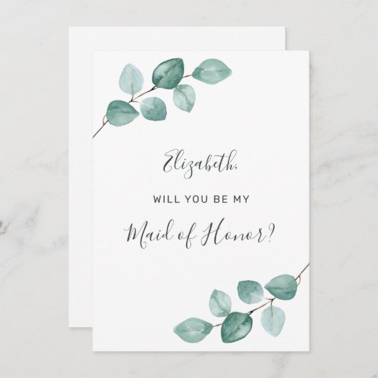 ユーカリプトゥスウォーターカラーグリーンリーメイド・オブ・オーナー(花嫁付き添い人) 招待状 (正面/裏面)