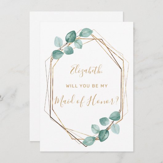 ユーカリプトゥスウォーターカラーグリーンリー金ゴールドメイド・オブ・オーナー(花嫁付き添い人) 招待状 (正面/裏面)