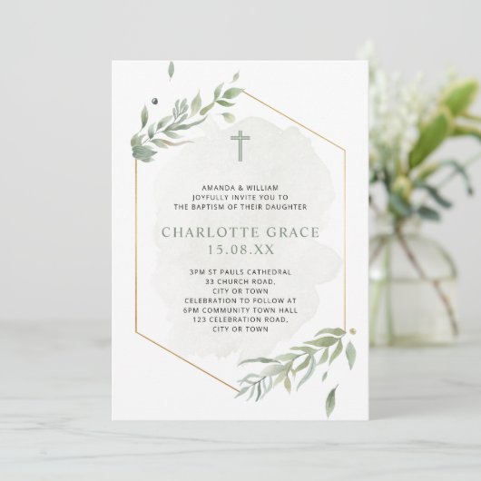 ユーカリプトゥスウォーターカラーセージグリーン&金ゴールドバプテスマ 招待状 (スタンド正面)