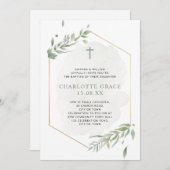 ユーカリプトゥスウォーターカラーセージグリーン&金ゴールドバプテスマ 招待状 (正面/裏面)
