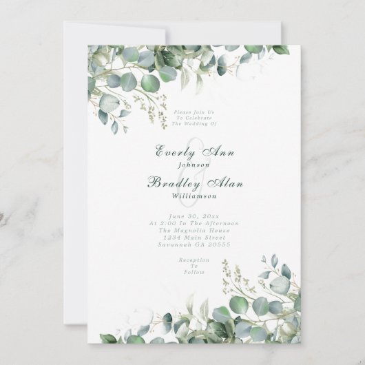 ユーカリプトゥスエメラルドグリーンセージ水カラーQRコード 招待状 (正面)