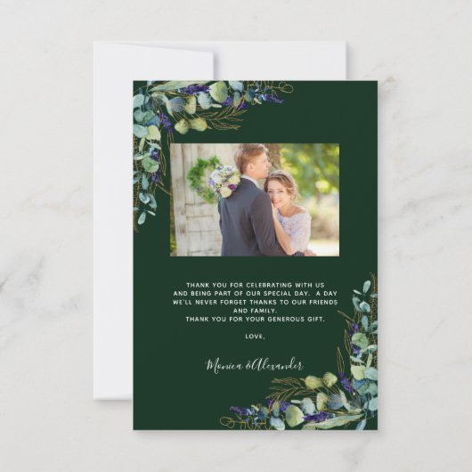 ユーカリプトゥスエメラルドモダングリーン結婚フォトズ サンキューカード (裏面)