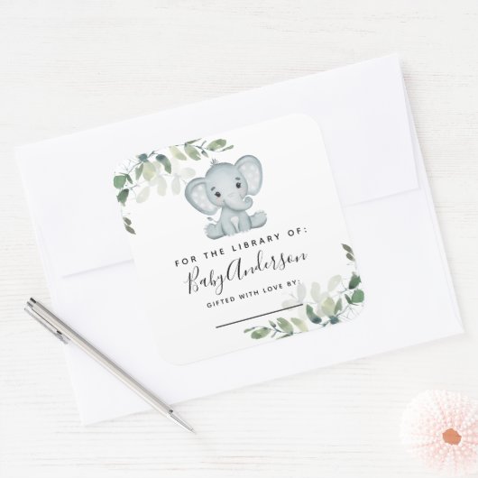 ユーカリプトゥスエレファントベビーシャワー蔵書票 スクエアシール (封筒)