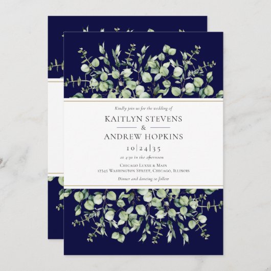 ユーカリプトゥスオールインワンネイビーブルー結婚式招待状 招待状 (正面/裏面)