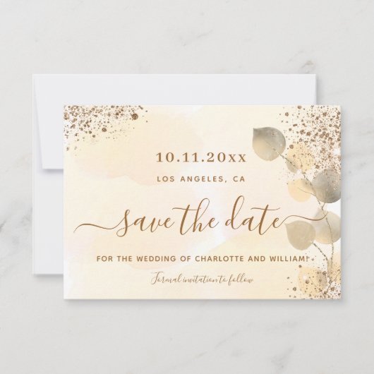 ユーカリプトゥスグリッター結婚式の日付を保存 案内状 (正面)