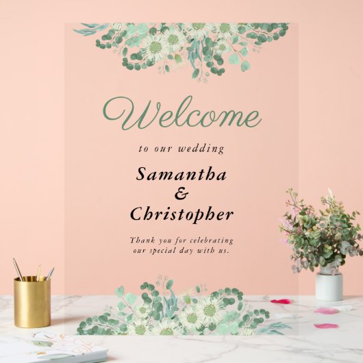 ユーカリプトゥスグリーナリーセージ結婚グリーンの歓迎 アクリルサイン (ウェディング)