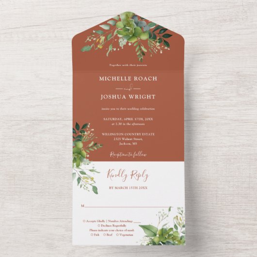 ユーカリプトゥスグリーナリーテラコッタモノグラム結婚ズ オールインワン招待状 (内側)