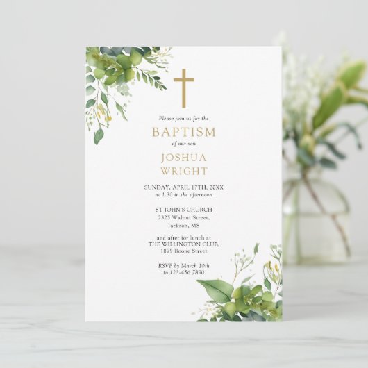 ユーカリプトゥスグリーナリーモノグラムバプテスマ《キリスト教》洗礼式や命名式 招待状 (スタンド正面)