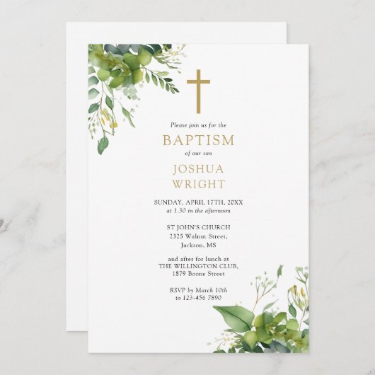 ユーカリプトゥスグリーナリーモノグラムバプテスマ《キリスト教》洗礼式や命名式 招待状 (正面/裏面)