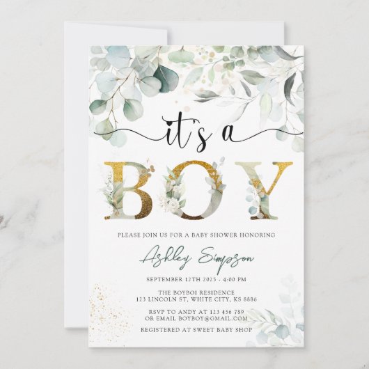 ユーカリプトゥスグリーンそれが男の子の赤ちゃんシャワー招待状 招待状 (正面)