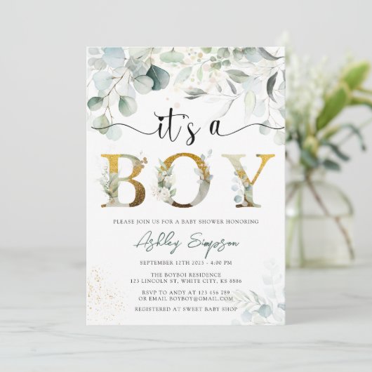 ユーカリプトゥスグリーンそれが男の子の赤ちゃんシャワー招待状 招待状 (スタンド正面)