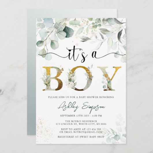 ユーカリプトゥスグリーンそれが男の子の赤ちゃんシャワー招待状 招待状 (正面/裏面)