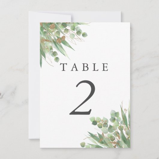 ユーカリプトゥスグリーンウォーターカラー&金ゴールドテーブル番号 招待状 (正面)