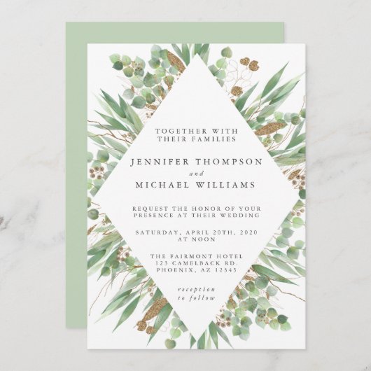 ユーカリプトゥスグリーンウォーターカラー&金ゴールド結婚ズ 招待状 (正面/裏面)