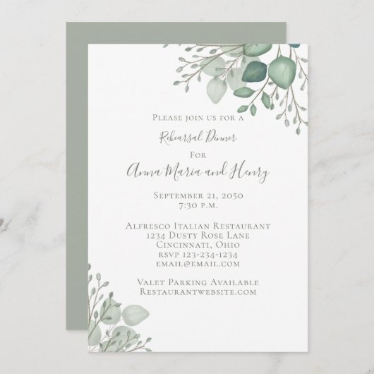 ユーカリプトゥスグリーンエレガントリーリハーサルディナー 招待状 (正面/裏面)