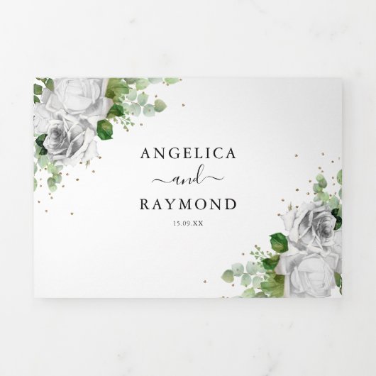 ユーカリプトゥスグリーンクラシック&金ゴールド結婚ズトリフォル 三つ折り招待状 (カバー)