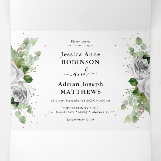 ユーカリプトゥスグリーンクラシック&金ゴールド結婚ズトリフォル 三つ折り招待状 (内部中)