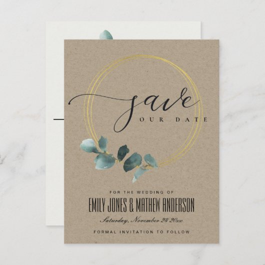 ユーカリプトゥスグリーンクラフト動物リース日付を保存 案内ポストカード (正面/裏面)