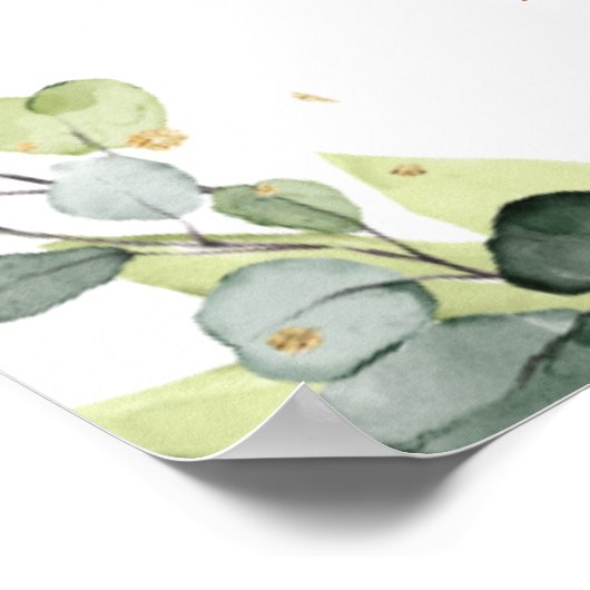 ユーカリプトゥスグリーンゴールド結婚フォイルのウェルカムサイン ポスター (角)