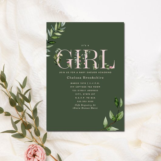 ユーカリプトゥスグリーンピンクガール赤ちゃんシャワー 招待状