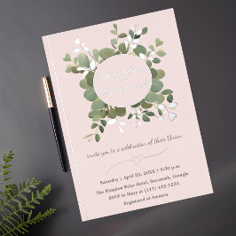 ユーカリプトゥスグリーンピンクシルバーQRコード招待状 箔シーズンカード