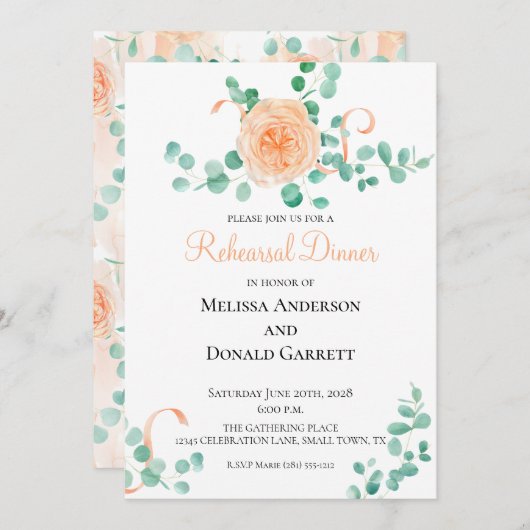 ユーカリプトゥスグリーンピーチフローラリハーサルディナー 招待状 (正面/裏面)