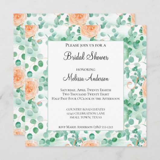 ユーカリプトゥスグリーンピーチブライダルシャワー招待 (正面/裏面)