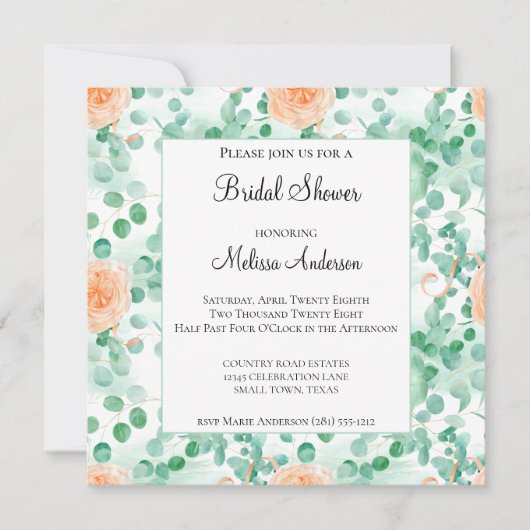 ユーカリプトゥスグリーンピーチブライダルシャワー招待 (正面)