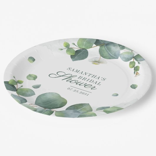 ユーカリプトゥスグリーンブライダルシャワーウォーターカラー ペーパープレート (アングル)