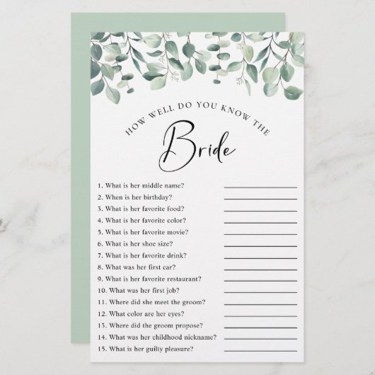 ユーカリプトゥスグリーンブライダルシャワーゲーム (正面/裏面)