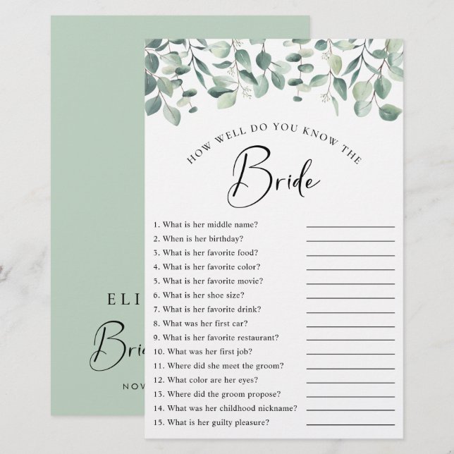 ユーカリプトゥスグリーンブライダルシャワーゲーム (正面/裏面)