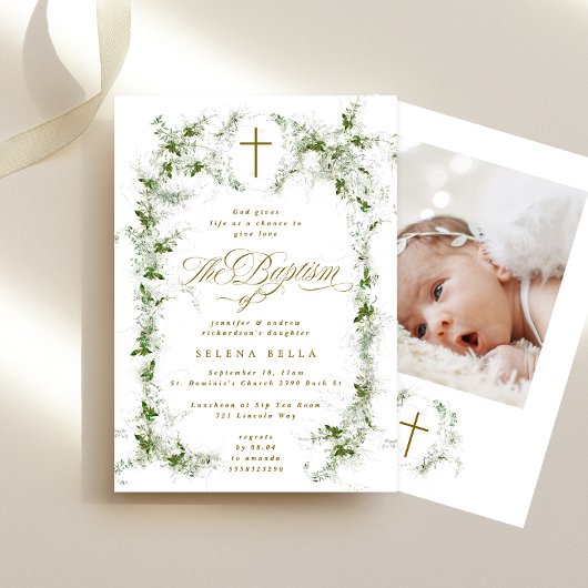 ユーカリプトゥスグリーンホワイトフレームクロスバプテスマ写真 招待状