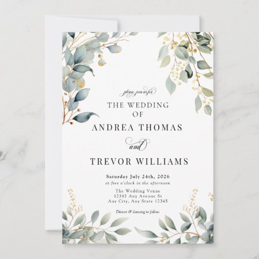 ユーカリプトゥスグリーンリーと金ゴールド結婚式招待状 招待状 (正面)