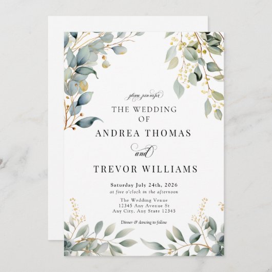 ユーカリプトゥスグリーンリーと金ゴールド結婚式招待状 招待状 (正面/裏面)