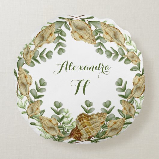 ユーカリプトゥスグリーンリーウォーターカラーシーシェル ラウンドクッション (正面)