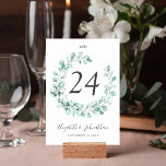 ユーカリプトゥスグリーンリースウォーター結婚カラー テーブルナンバー<br><div class="desc">ユーカリの水彩リースを特徴とするエレガントなウェディングテーブルカード。</div>