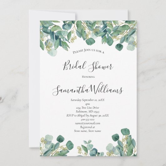 ユーカリプトゥスグリーンリースクリプトトレンディーブライダルシャワー 招待状 (正面)
