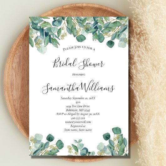 ユーカリプトゥスグリーンリースクリプトトレンディーブライダルシャワー 招待状