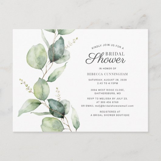ユーカリプトゥスグリーンリースクリプトブライダルシャワー インビテーションポストカード (正面)