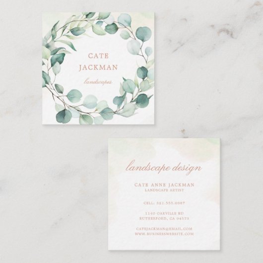 ユーカリプトゥスグリーンリーバラエレガント金ゴールド スクエア名刺 (正面/裏面)