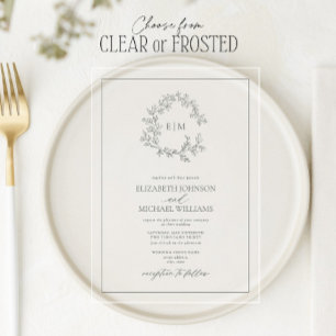 ユーカリプトゥスグリーンリーピークレストモノグラム結婚ズ アクリル招待状